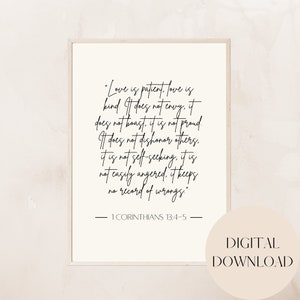 Arte mural imprimible. Descarga digital. Escritura personalizada. Dormitorio. Guardería. Oficina en casa. Decoración del hogar. Amor. 1 Corintios 13.