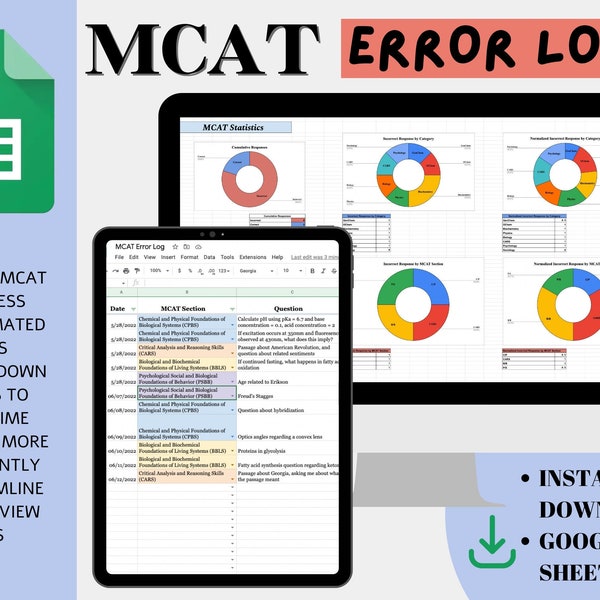 Ultiem MCAT-foutenlogboek, Google Spreadsheets, Digital Study Tracker Spreadsheet, MCAT-organisatie en dynamische statistieken