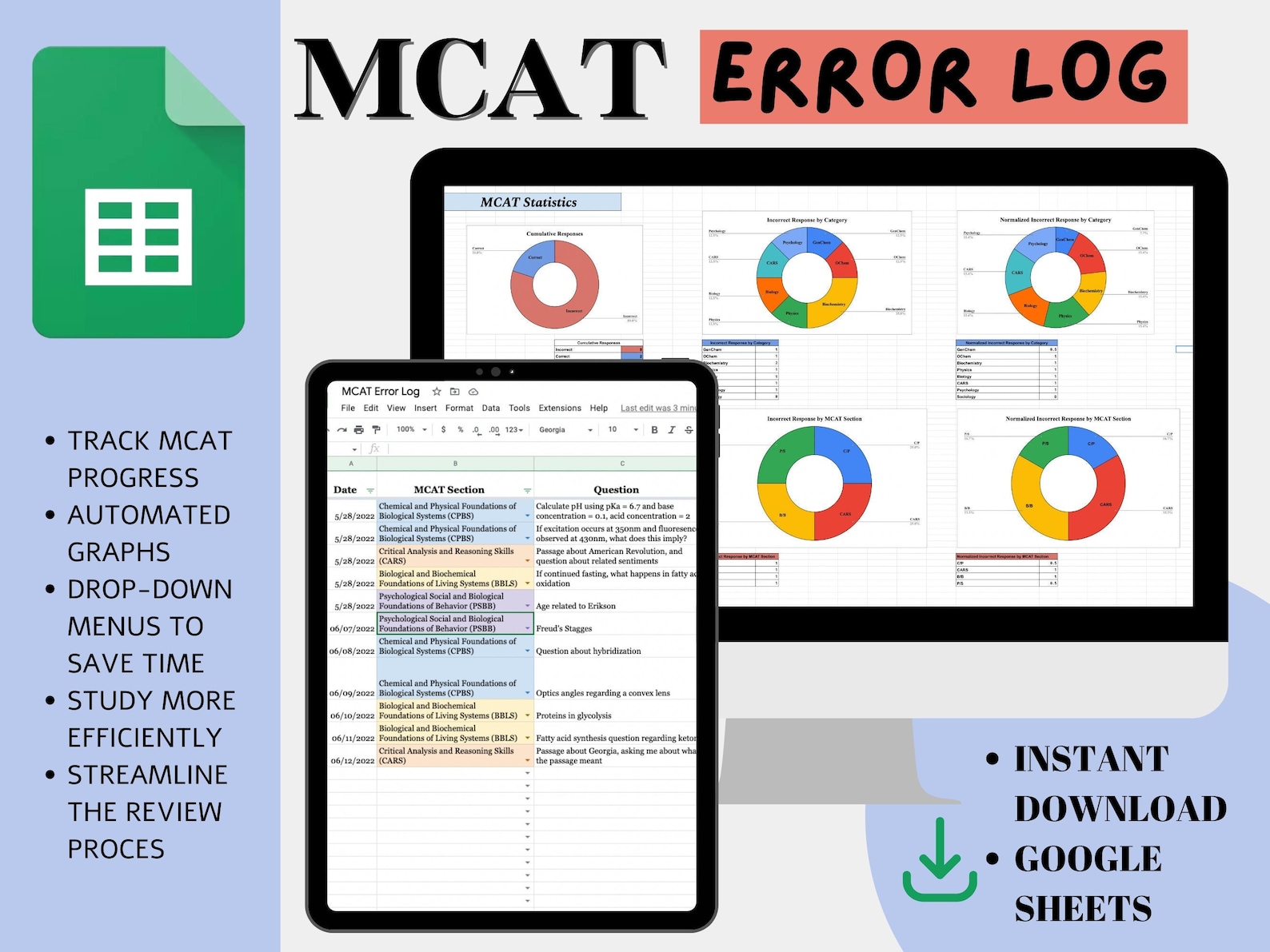 Ultimate MCAT Error Log, Google Sheets, Digital Study Tracker ...