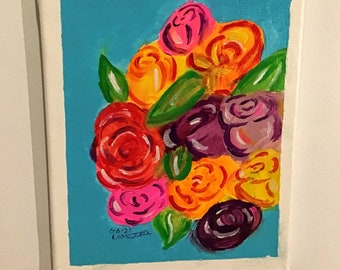 Rainbow Roses on Blue, 8 X10 Acrylic Original Painting