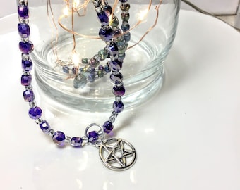 Pentagram Charm Purple Beaded Necklace 26"