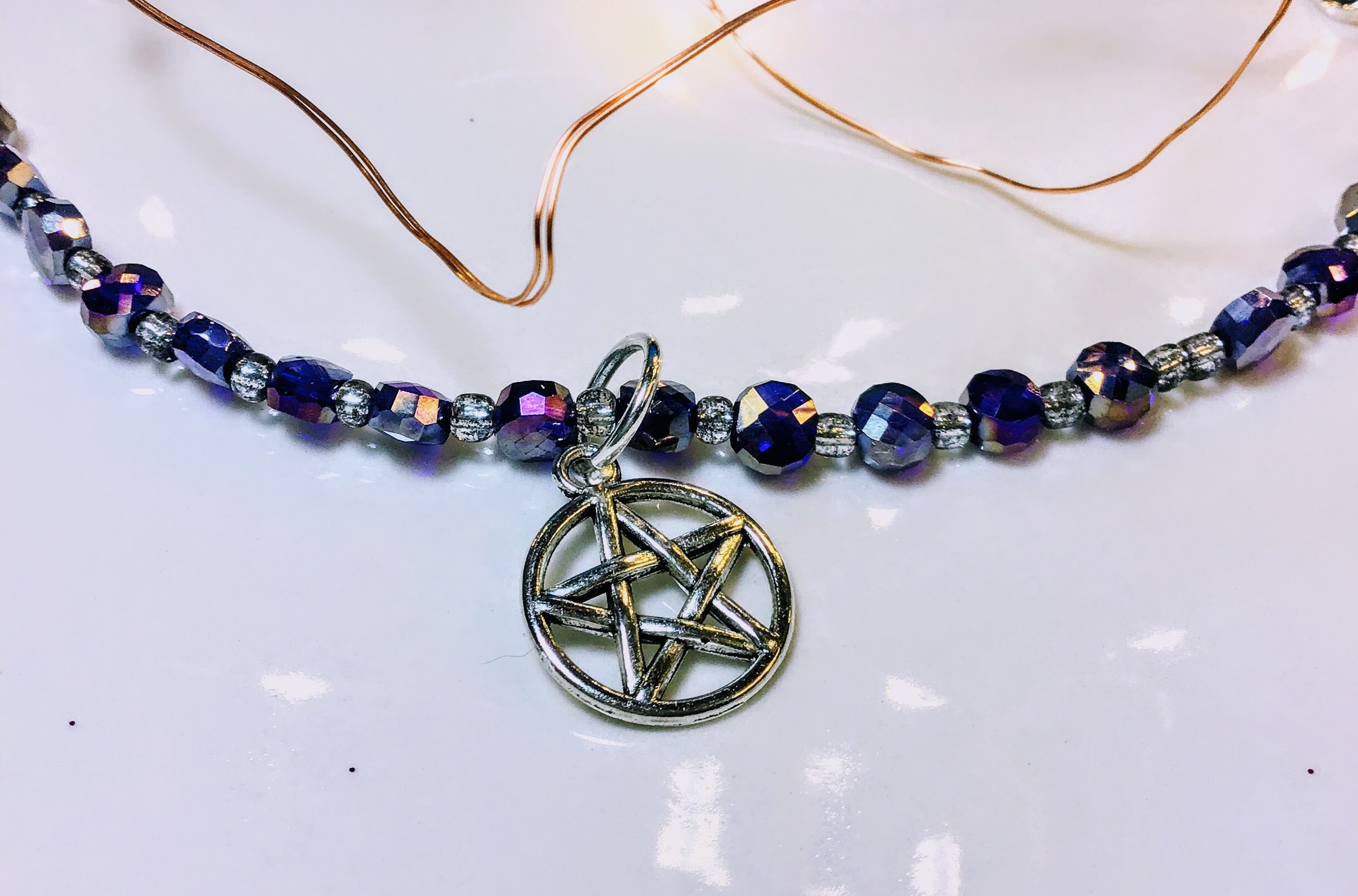 Pentagram Charm Purple Beaded Necklace 26