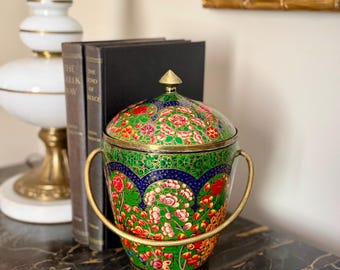 Bote con tapa y asa, de estilo vintage, pintado a mano con colores vivos y de estilo cachemir.