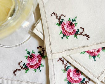 set of 4 vintage cross-stitch cocktail napkins