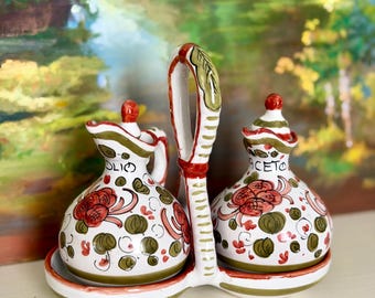 vintage hand painted ceramic Italian oil and vinegar cruet set