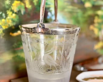 Art Deco Etched Glass Ice Bucket • Silver Plate Handle, Crane Palm Motif