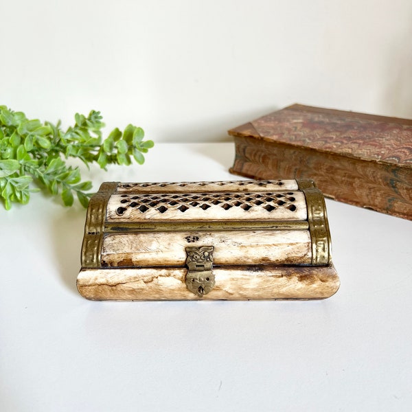 Vintage camel bone box with brass details