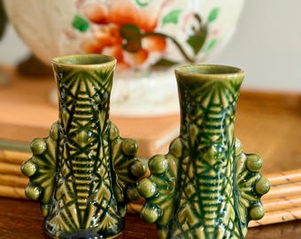 pair of vintage signed, green ceramic bud vases