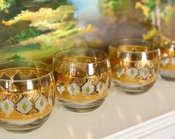 vintage Culver Valencia green and gold roly poly glasses, set of 4