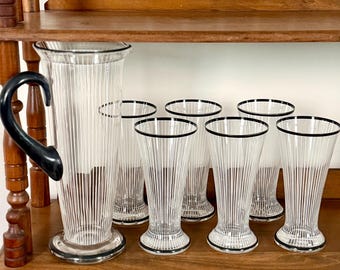 Art Deco black and white striped glasses and pitcher set