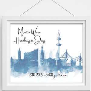 personalisiertes Bild zur Geburt - Hamburger Jung - Hamburg Bild mit Geburtsdaten für Jungs