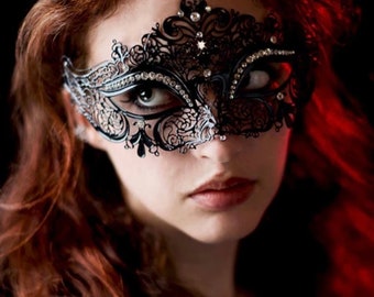 EXCLUSIVE Valentines Black Diamante Metal MASQUERADE Lace Eye Mask Veil Masquerade Party Roleplay Burlesque