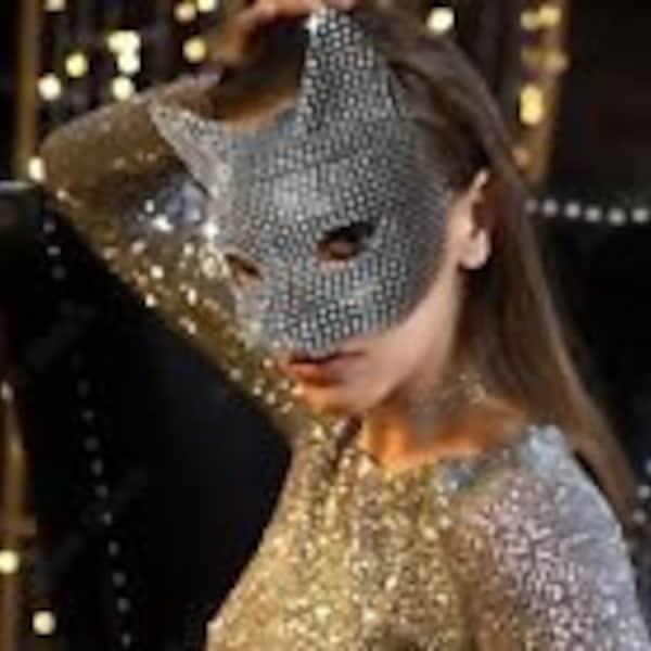 KITTEN Cat DIAMANTE Silver MASQUERADE Face Mask Venetician Fancy Dress Role Play