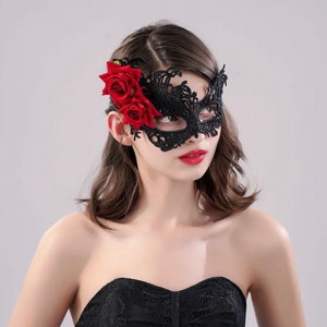 ROSE Detail Black MASQUERADE Lace Eye Mask Veil Masquerade Party Roleplay Burlesque