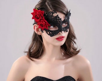 VALENTINES Red ROSE Detail Black MASQUERADE Lace Eye Mask Veil Masquerade Party Roleplay Burlesque