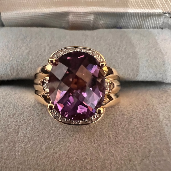 JCR 14K Yellow Gold Amethyst & Diamond Ring (stamped, appraised), Size 7-7.25