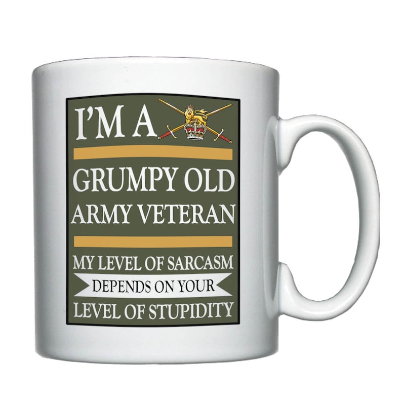 May include: A white ceramic mug with a green and yellow design. The text on the mug reads 'I'MA GRUMPY OLD ARMY VETERAN MY LEVEL OF SARCASM DEPENDS ON YOUR LEVEL OF STUPIDITY'.