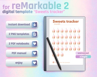 Sweets tracker digital color templates for reMarkable 2 | Bundle | PNG templates+PDF notebooks + PDF manual