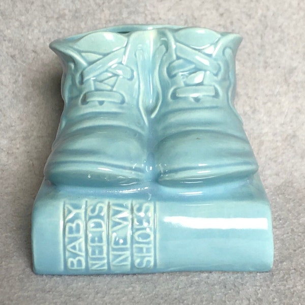 Elsinore Ceramics baby shoes planter No. ECS-139 Blue glaze for boys 4.5" EX!!! MCM California 1950's