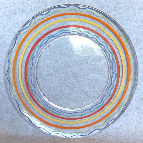 Depression glass 12" chop plate Clear glass with fired on enamel rainbow pin striping EX!!! 1930'' unknown maker