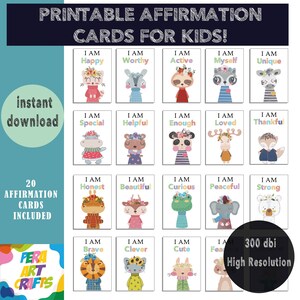 Afdrukbare positieve affirmatiekaarten voor kinderen, positiviteitskaarten voor kinderen, motivatiekaarten, bevestigingskaarten voor kinderen, dagelijkse bevestiging