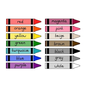 May include: A set of 12 crayons, each with a different color and label. The colors are red, orange, yellow, green, turquoise, blue, purple, magenta, pink, beige, brown, black, gray, and white.
