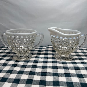 Fenton Anchor Hocking  Moonstone Opalescent Hobnail Sugar Bowl and Creamer Set Vintage