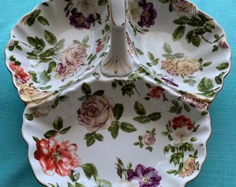 Royal Danube Floral Serving Candy Dish 3 Sections With Handle Gold Accents