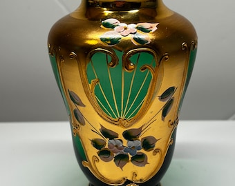 Czech Art Glass Emerald Green Enamel Flowers With Gold Detailed