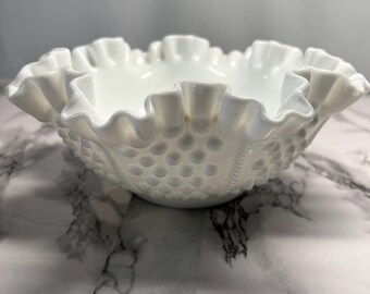 Fenton White Hobnail Milk Glass  Ruffled Edge Bowl 8 1/2” x 3”