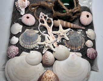 Fish Net 5’x10’ Decorative Kit 22 Pc. Set Pre Drilled Shells Starfish and Glass Float Indoor Outdoor use  Nautical Coastal Theme