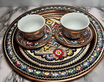 Vintage Handmade Turkish Coffee Set Tray or  Etched Copper & Enamel Vibrant Colors 9.5” Diameter