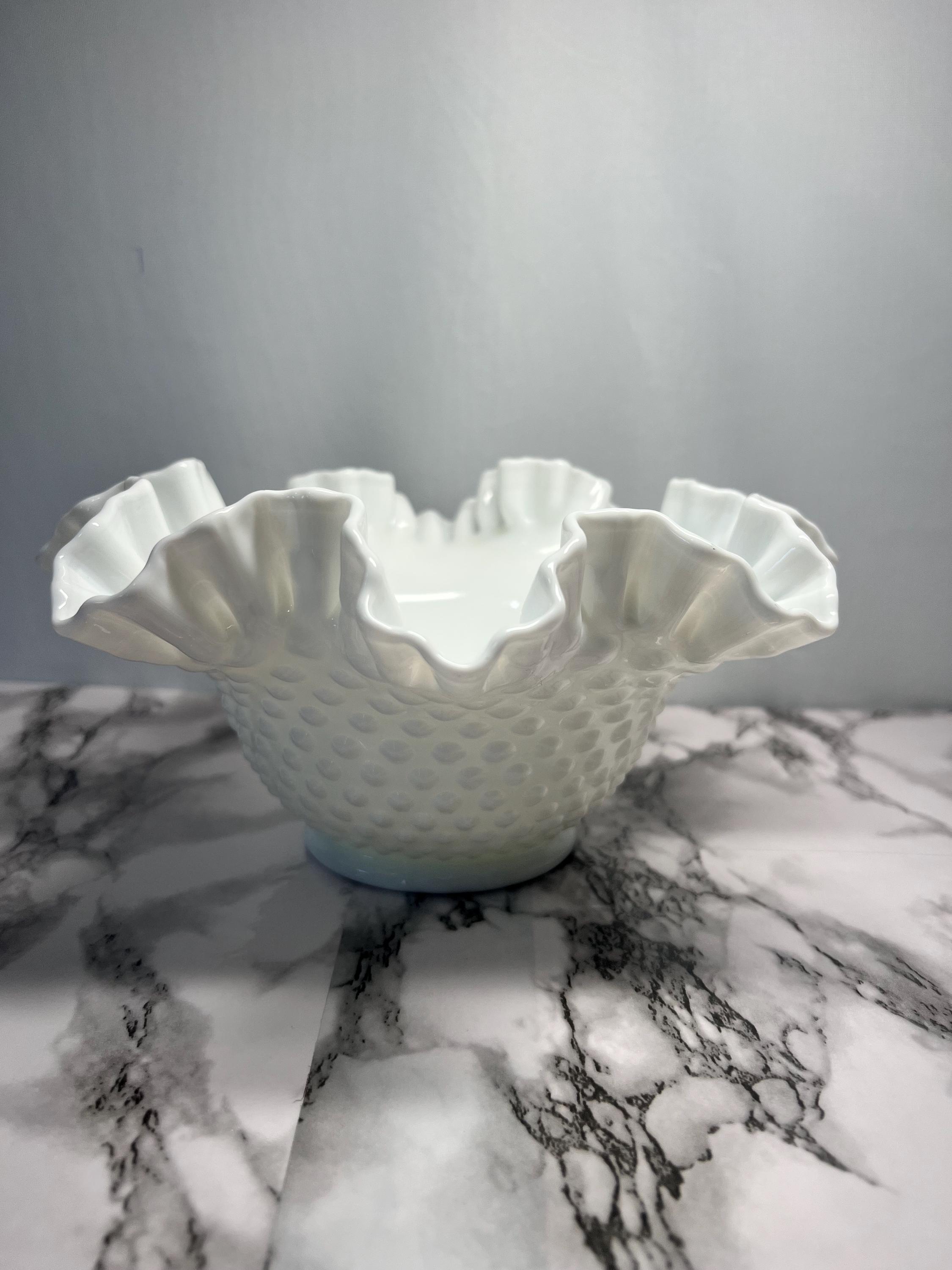 Fenton Hobnail White Milk Glass Ruffled Edge Bowl 9 1/2” x 4 1/2” Vintage 1960’