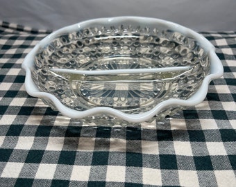 Fenton Anchor Hocking Moonstone Opalescent Hobnail Divided Ruffled Dish Vintage
