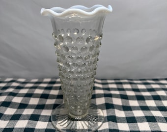 Fenton Anchor Hocking Opalescent Moonstone Hobnail Bud Vase 5”1/2 H Vintage