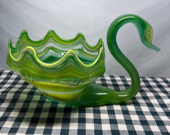 Vintage Hand Blown Sooner Sawn Art Glass Marbled Green Yellow