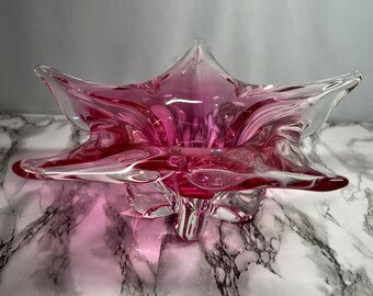 Josef Hospodka Pink Star Flower Czech Art Glass Dish 5 Pointed