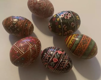 Vintage Ukraine Hand Painted Wooden Eggs Pysanky 6 piece Set