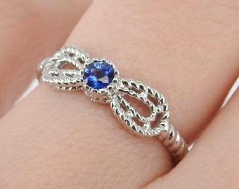 Vero anello zaffiro blu - Papillon Infinity Knot Sterling Silver Engagement Ring - Gioielli vittoriani in stile vintage - Pietra portafortuna di settembre