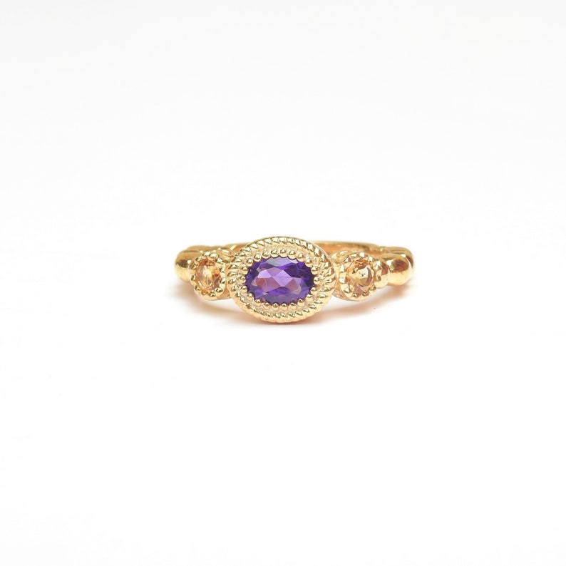 February & November Birthstone Ring Textured Sterling Silver Vintage Amethyst Citrine Engagement Ring Oval Round Family Art Deco image 5