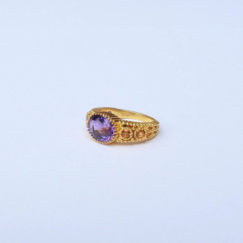 February & November Birthstone Ring Vintage Style Amethyst Citrine Ring Oval Round Family Birthstone Ring Chunky Textured Silver Ring image 9