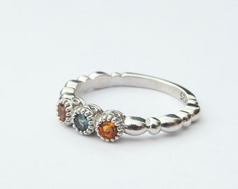 August & November Birthstone Ring - Natural Citrine and Spinel Cluster - Sterling Silver Eternity band – Vintage Textured Wedding Jewelry