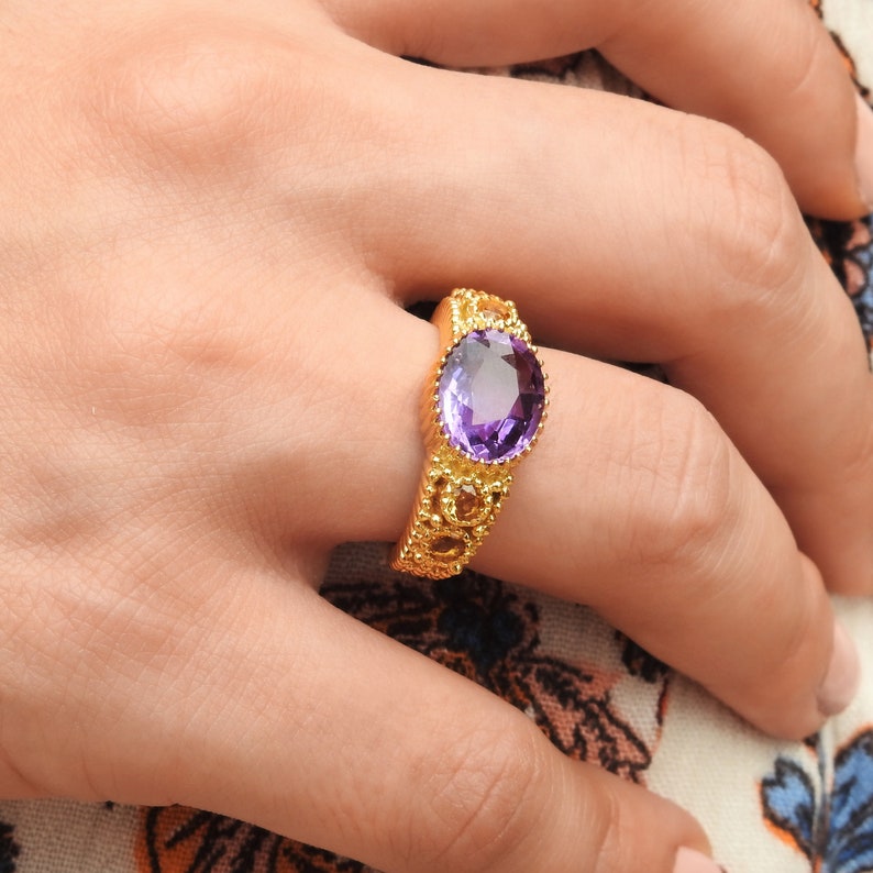 February & November Birthstone Ring Vintage Style Amethyst Citrine Ring Oval Round Family Birthstone Ring Chunky Textured Silver Ring image 3