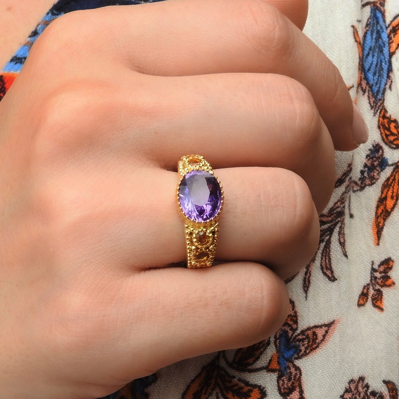February & November Birthstone Ring Vintage Style Amethyst Citrine Ring Oval Round Family Birthstone Ring Chunky Textured Silver Ring image 8