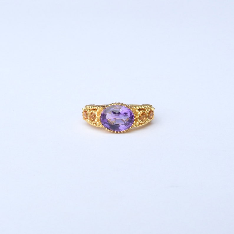 February & November Birthstone Ring Vintage Style Amethyst Citrine Ring Oval Round Family Birthstone Ring Chunky Textured Silver Ring image 4