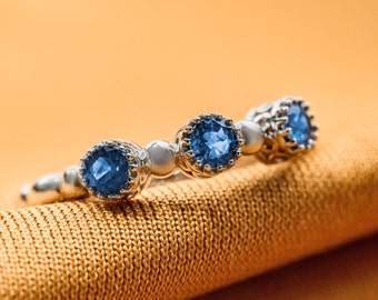 Genuine Cornflower Blue Sapphire Eternity Band–Milgrain Textured September Birthstone Sterling Silver Ring–Vintage Style Floral Crown Ring