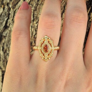Natural Oval Citrine Engagement Ring Personalized November Birthstone Crown Ring Elongated Vintage Flower Sterling Silver Ring image 3
