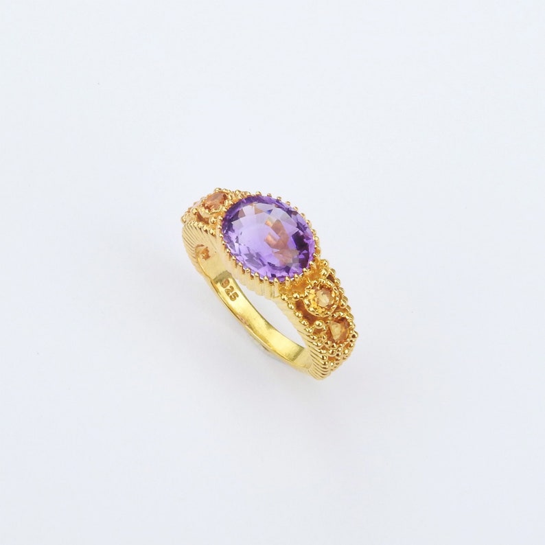 February & November Birthstone Ring Vintage Style Amethyst Citrine Ring Oval Round Family Birthstone Ring Chunky Textured Silver Ring image 2