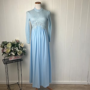 Vintage 1960’s-70’s Powder Blue knit Maxi Dress with Lace Embellishment