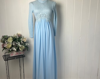 Vintage 1960’s-70’s Powder Blue knit Maxi Dress with Lace Embellishment